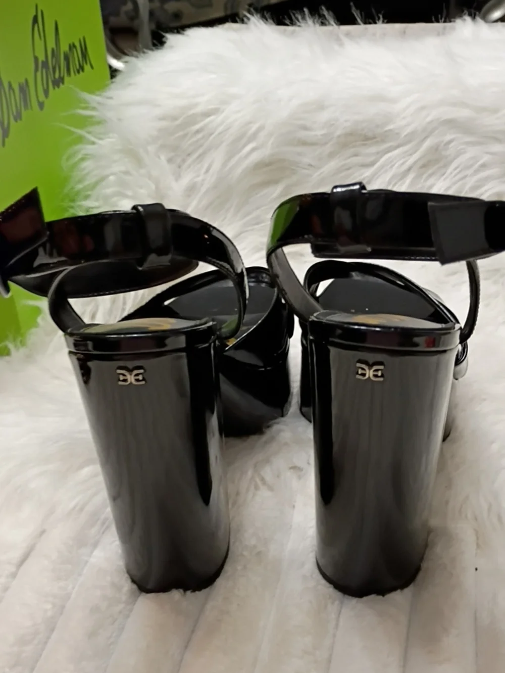 New Sam Edelman Savannah Black Patent Platform Block-Heel Sandals 10